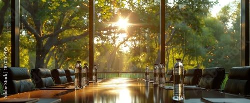Modern Conference Room With Large Windows and Forest View at Sunset