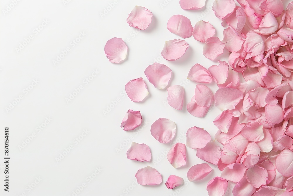 Pink rose petals scattered white background, creating soft romantic atmosphere. Ideal wedding, love, beauty themes. Pink rose petals scattered white background, creating soft romantic atmosphere. Ideal wedding, love, beauty themes.
