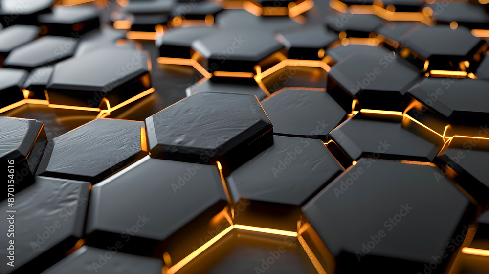 Striking minimalist design featuring sleek hexagonal black metal panels with luminous golden filaments tracing the geometric surfaces Striking minimalist design featuring sleek hexagonal black metal panels with luminous golden filaments tracing the geometric surfaces