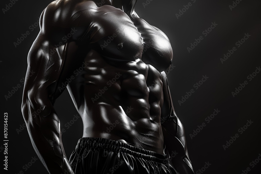 A highly detailed image showcasing the sculpted muscles of a male torso with dramatic lighting and strong shadows. A highly detailed image showcasing the sculpted muscles of a male torso with dramatic lighting and strong shadows.