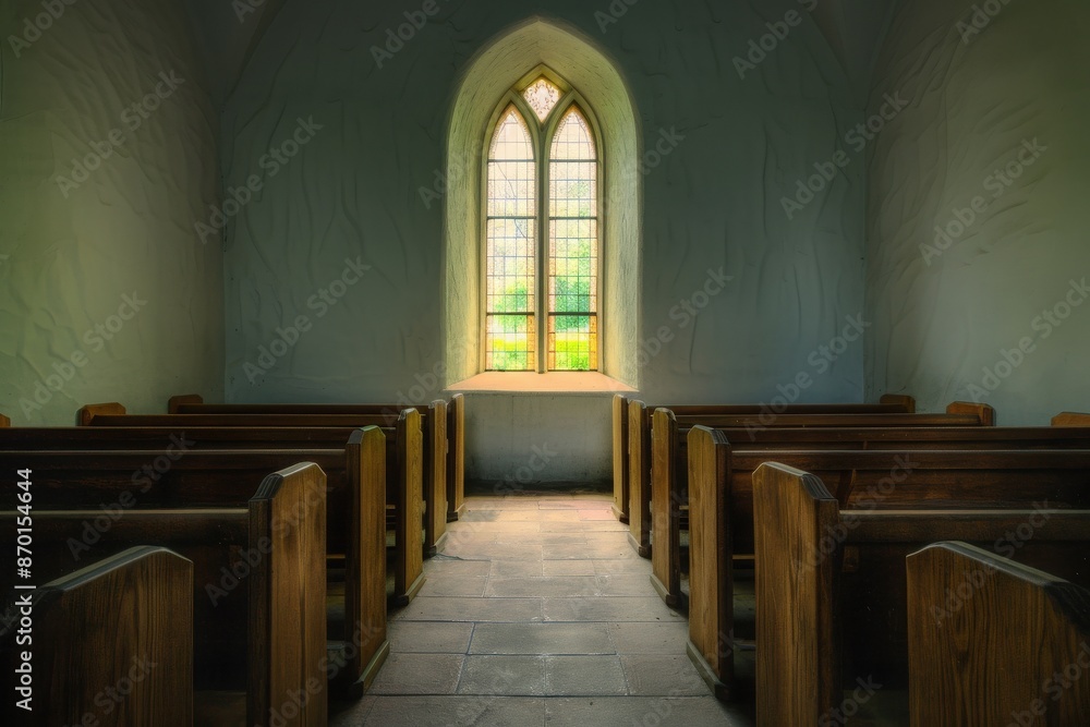 Serene interior of a peaceful church with wooden pews and light streaming through a stained glass window. Serene interior of a peaceful church with wooden pews and light streaming through a stained glass window.