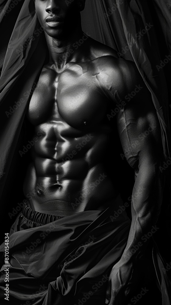 A grayscale image of a muscular man's upper body, showcasing defined abs and arms, draped in fabric. A grayscale image of a muscular man's upper body, showcasing defined abs and arms, draped in fabric.