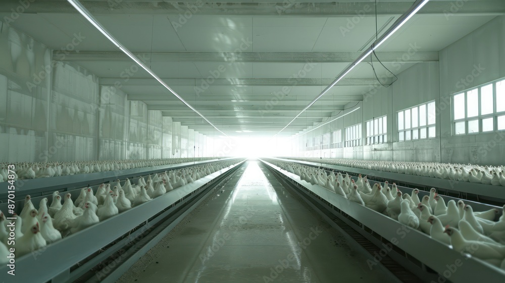 Naklejka premium Inside a modern poultry barn White Chicken Ocean