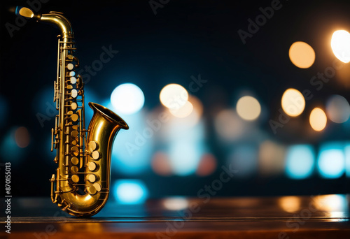 Saxophone on blurred background with space for text. Jazz festival. Montreux. Switzerland. Montreal, New Orleans, Umbria, Tokyo, Chicago, Copenhagen, Jazzaldia. Banner, poster, background 