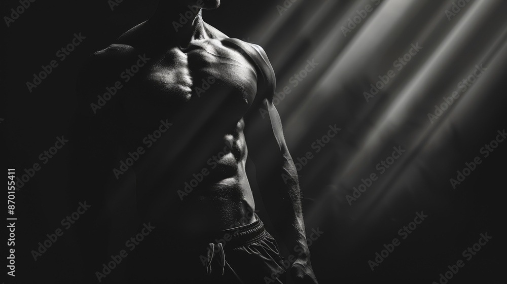 A muscular male torso is highlighted by dramatic lighting in a dark, shadowy atmosphere, emphasizing strength and physique. A muscular male torso is highlighted by dramatic lighting in a dark, shadowy atmosphere, emphasizing strength and physique.