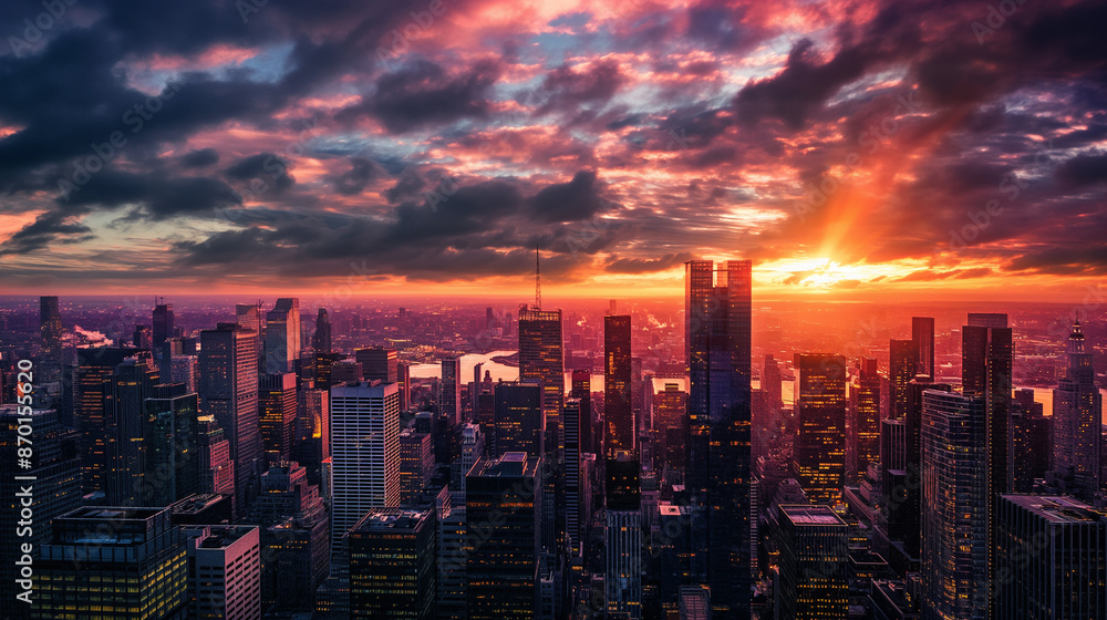 Sunset Over City Skyline with Dramatic Clouds, Cityscape Sunset Over City Skyline with Dramatic Clouds, Cityscape