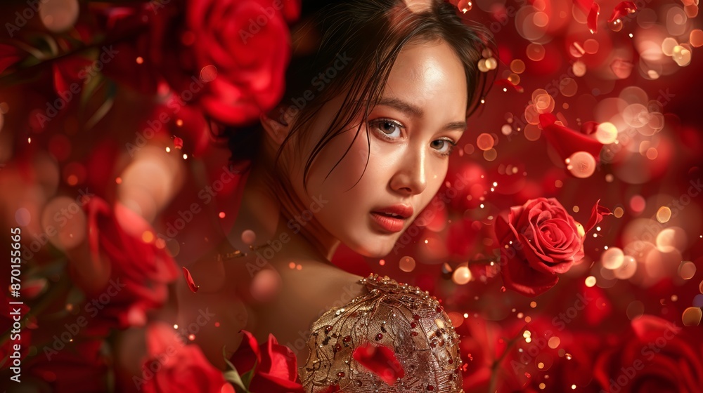 A woman in an ornate dress is surrounded by vibrant red roses and bokeh lighting, creating an ethereal and romantic ambiance. A woman in an ornate dress is surrounded by vibrant red roses and bokeh lighting, creating an ethereal and romantic ambiance.