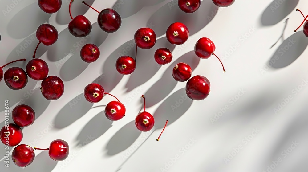 A group of red cherries on a white surface. A group of red cherries on a white surface.