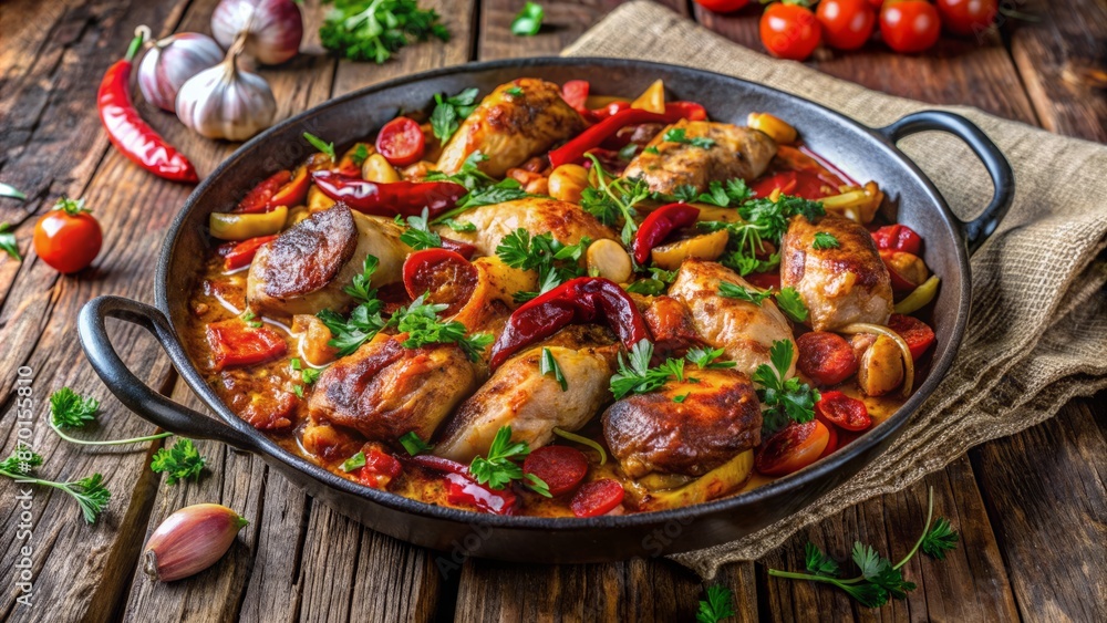 Savory Spanish-inspired dish featuring juicy chicken and spicy chorizo arranged beautifully on a distressed rustic wooden table setting. Savory Spanish-inspired dish featuring juicy chicken and spicy chorizo arranged beautifully on a distressed rustic wooden table setting.