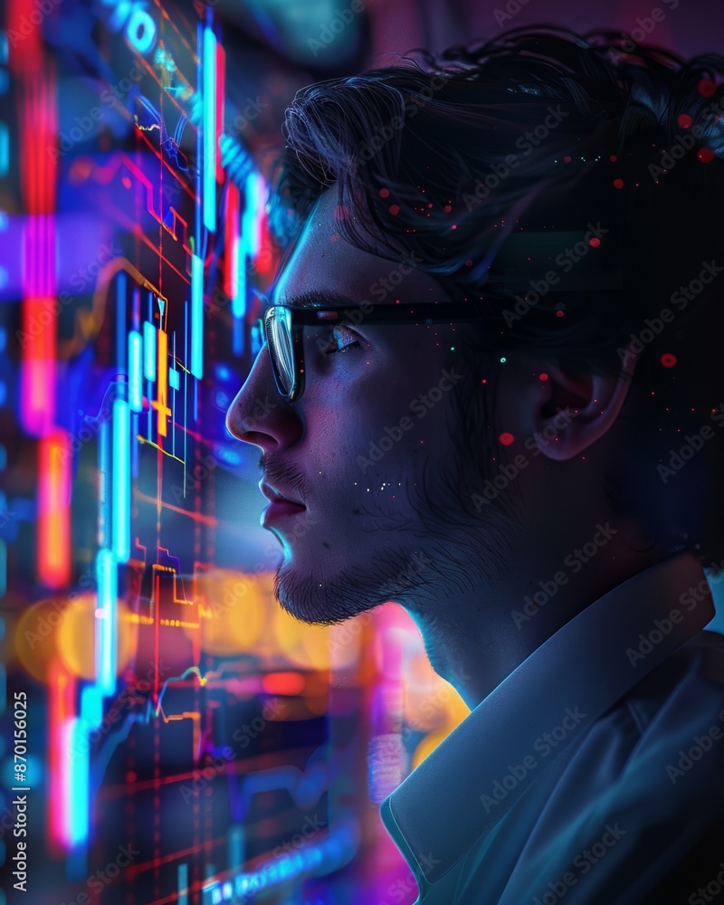A man in glasses intently studies a neon-lit digital graph screen, reflecting data analysis and futuristic technology. A man in glasses intently studies a neon-lit digital graph screen, reflecting data analysis and futuristic technology.