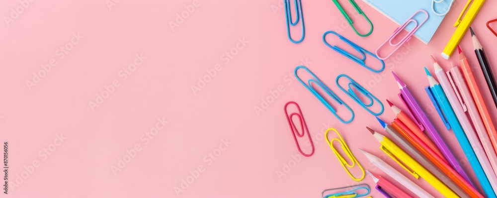 Colorful stationery set on light pink background with paperclips, pens, and a notebook Colorful stationery set on light pink background with paperclips, pens, and a notebook