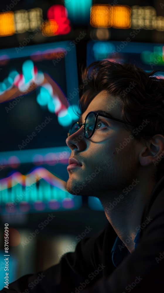 A person in glasses intently looks up at bright stock market graphs on computer screens, highlighting the intense focus and dynamic atmosphere of financial trading. A person in glasses intently looks up at bright stock market graphs on computer screens, highlighting the intense focus and dynamic atmosphere of financial trading.