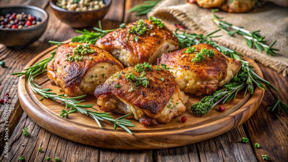 Freshly baked chicken thighs smothered in a fragrant herb crust, garnished with rosemary and thyme, on a rustic wooden platter. Freshly baked chicken thighs smothered in a fragrant herb crust, garnished with rosemary and thyme, on a rustic wooden platter.