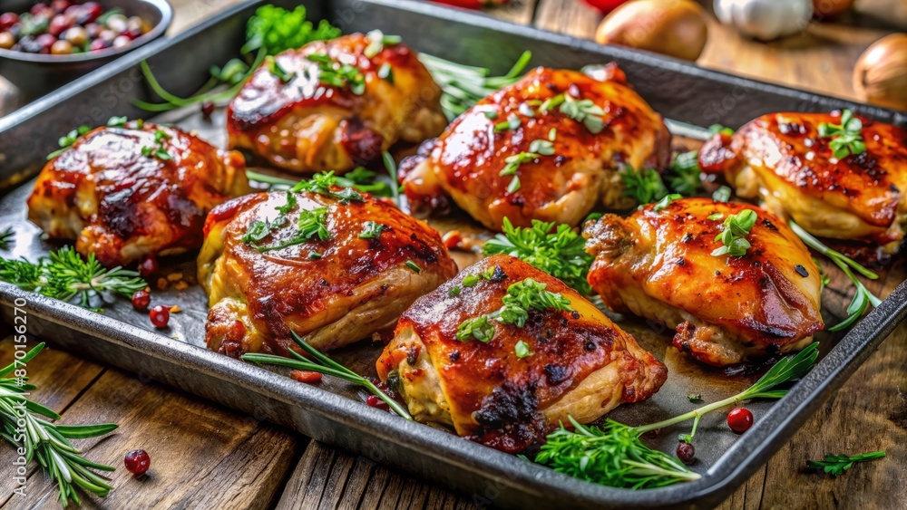 Deliciously glazed and perfectly grilled chicken thighs adorn a baking tray, garnished with fresh vibrant herbs, ready to be served. Deliciously glazed and perfectly grilled chicken thighs adorn a baking tray, garnished with fresh vibrant herbs, ready to be served.