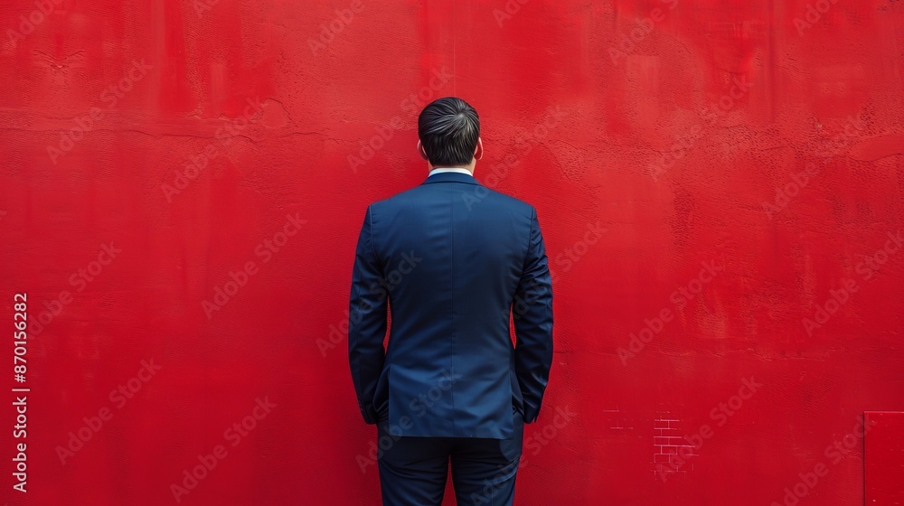 Obraz premium A Man in a Suit Standing Before a Red Wall