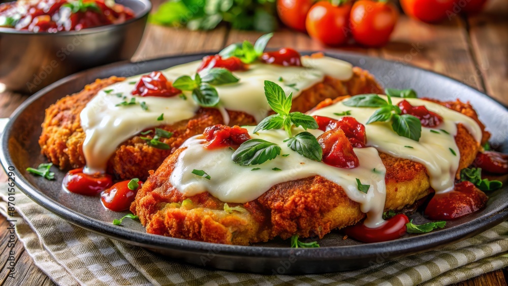 Golden-brown crispy chicken topped with rich tangy tomato sauce and a blanket of creamy melted mozzarella cheese on a plate. Golden-brown crispy chicken topped with rich tangy tomato sauce and a blanket of creamy melted mozzarella cheese on a plate.