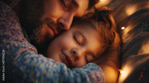Father and Child Snuggling with Warm Lights, Parenting