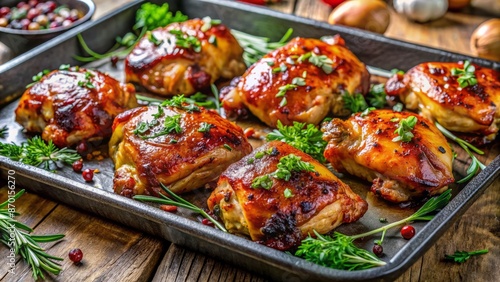 Deliciously glazed and perfectly grilled chicken thighs adorn a baking tray, garnished with fresh vibrant herbs, ready to be served.