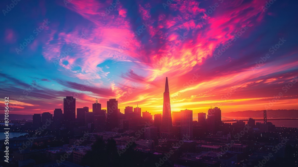 Bright sunset over the city skyline With various buildings Contrasting with the colorful sky Bright sunset over the city skyline With various buildings Contrasting with the colorful sky