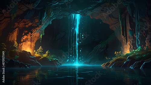 Illustration of a hidden cave with a stunning waterfall cascading down into a crystal-clear pool © Arief