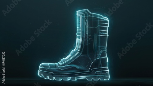 Futuristic holographic boot design, glowing blue lines, digital concept, ideal for technology and fashion themes. photo