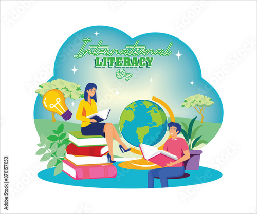 International Literacy Day on 8th September with Book and Educational Equipment in Education Holiday. Flat vector modern illustration © Alwie99d