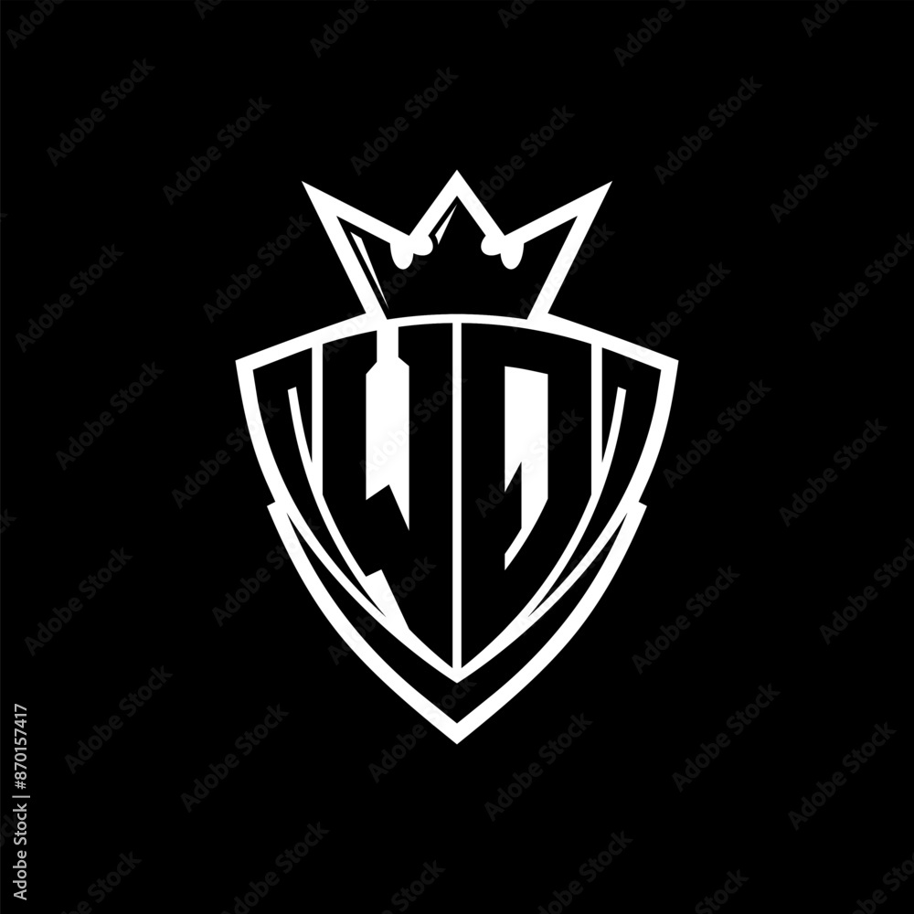 WQ Letter logo with sharp triangle shield shape with crown inside white outline on black background template design WQ Letter logo with sharp triangle shield shape with crown inside white outline on black background template design