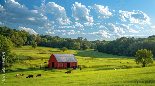 Fototapeta Naklejka Na Ścianę i Meble -  Picturesque farm with red barn green field and animals graze under the blue sky