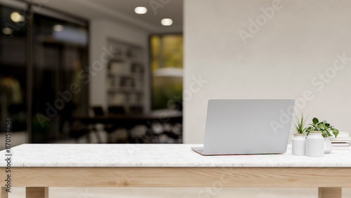Wallpaper Mural A back view image of a laptop computer and decorative plants on a white tabletop in a modern office. Torontodigital.ca