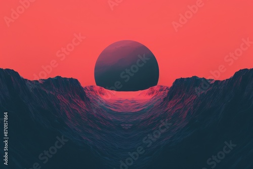 Surreal dark sphere hovering over a red valley landscape, creating an otherworldly and futuristic atmosphere.
