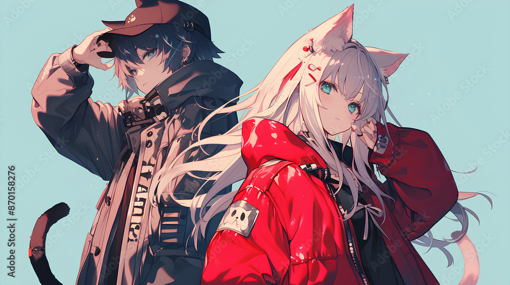 Fototapeta premium anime boys and girls with animal ears trendy outfits