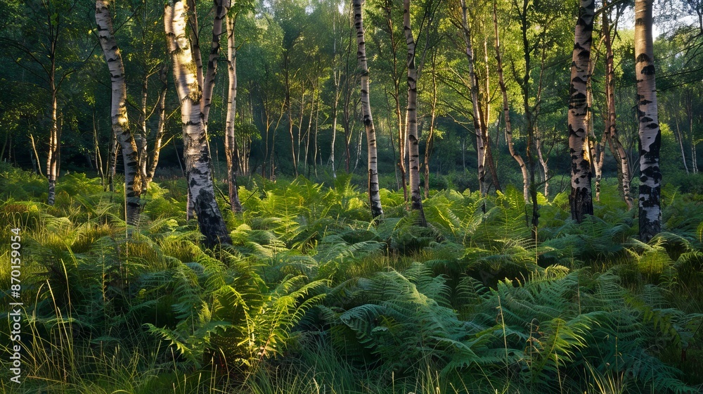 Obraz premium A forest with ferns and trees.