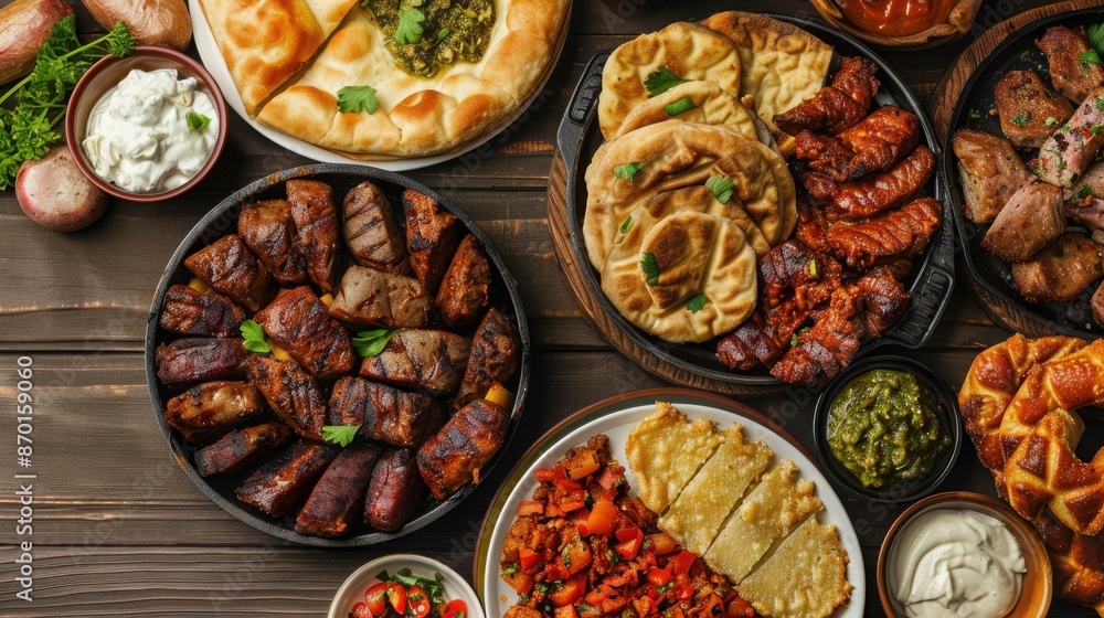 A delightful spread of assorted grilled meats, flavorful dips, and flatbreads showcasing a variety of delicious, traditional dishes on a wooden table. A delightful spread of assorted grilled meats, flavorful dips, and flatbreads showcasing a variety of delicious, traditional dishes on a wooden table.