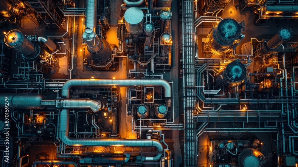 Drone view of a sprawling industrial complex with engineers monitoring operations from a central hub. Drone view of a sprawling industrial complex with engineers monitoring operations from a central hub.