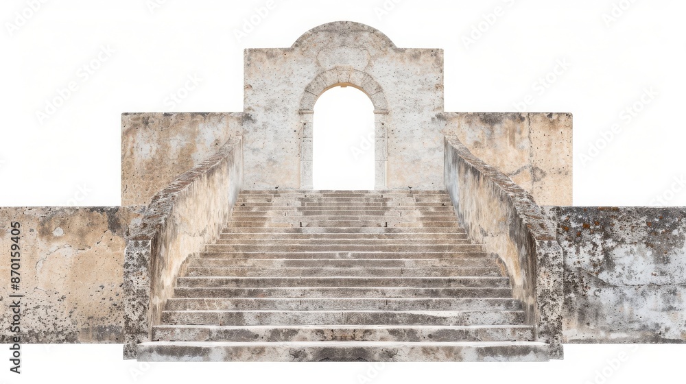 Fototapeta premium Ancient stone staircase leading to an archway with weathered walls and a timeless, historical feel. Isolated on a white background.