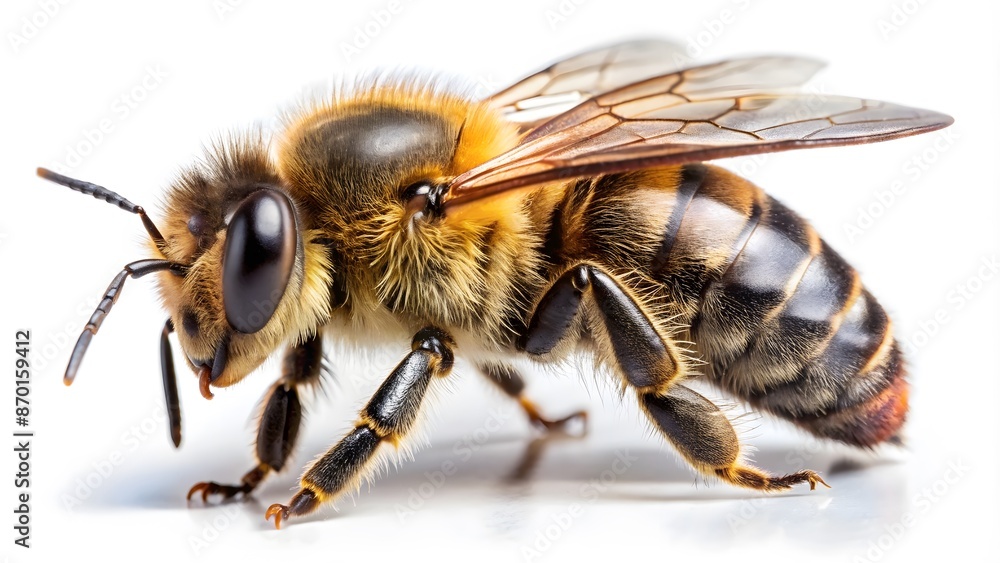 Close-up of Honeybee – Detailed Macro Shot of Bee with White Background Close-up of Honeybee – Detailed Macro Shot of Bee with White Background