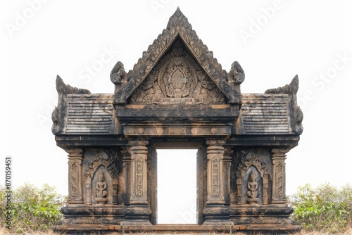 Ancient stone temple with intricate carvings and open doorway, isolated on white background.