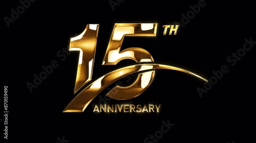 15th Golden Anniversary Celebration with Swoosh. Happy 15 Years Anniversary Animation in Gold Color on the Transparent Background, Alpha Channel. Great for greetings, celebrations, events, and gifts.