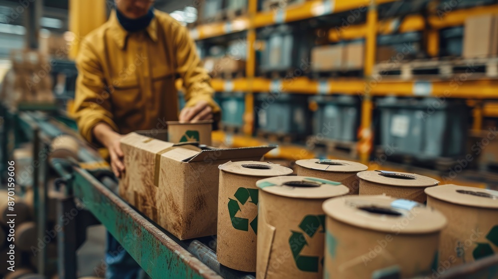 Eco-friendly product packaging being produced from recycled materials, manufacturing process, focus on sustainability Eco-friendly product packaging being produced from recycled materials, manufacturing process, focus on sustainability