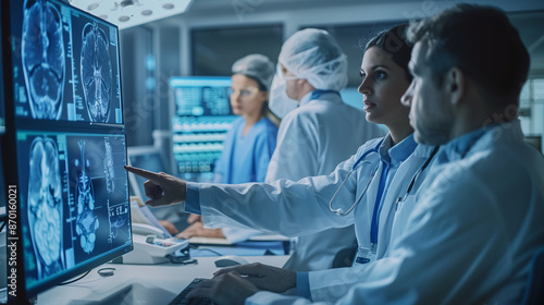 A team of doctors examines detailed medical imaging scans on high-resolution screens in a state-of-the-art hospital, focusing on accurate diagnosis and collaborative healthcare solutions