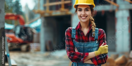 A young female construction worker in a red plaid shirt and jeans overalls stands with her arms crossed and smiling. There was a construction area behind him in the blur zone.