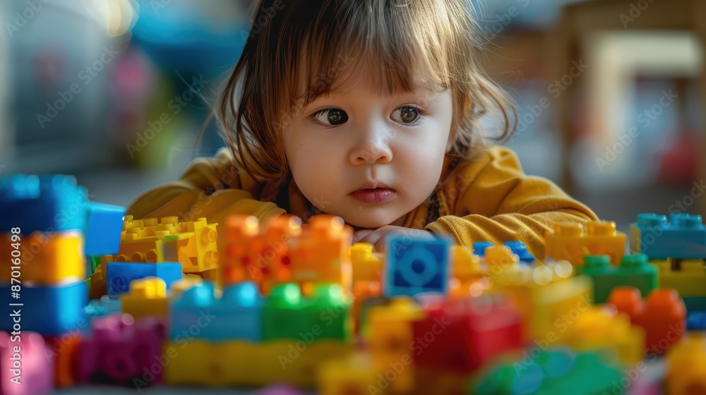 Close-up of a toddler playing with a brick, concentrating on their creation. Close-up of a toddler playing with a brick, concentrating on their creation.