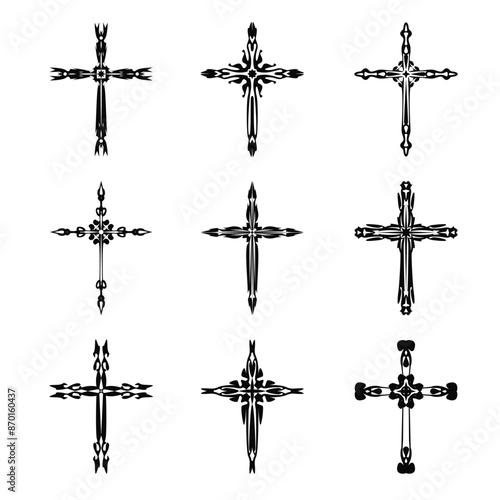 Christian cross vector icon symbols.  Abstract christian religious belief or faith art illustration for orthodox or catholic design. The symbol of the cross in various designs used in tattoo.