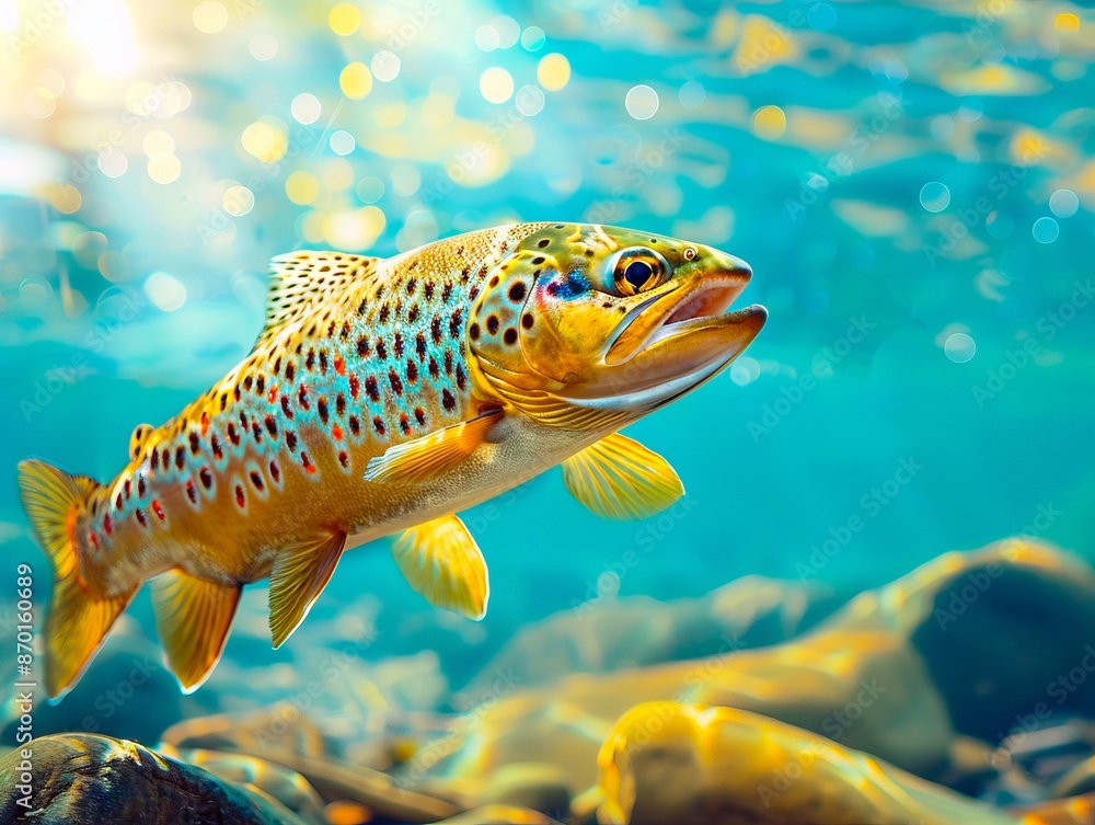 Naklejka premium A brown trout swimming in the water.