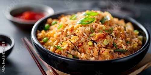 Steaming Korean Kimchi Fried Rice with a Savory Aroma. Concept Korean Cuisine, Kimchi Fried Rice, Aromatic Meals, Asian Cooking, Homemade Comfort Food,