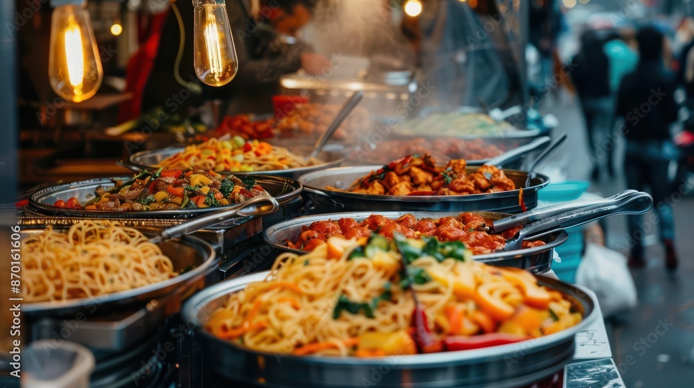 Φωτογραφία A bustling street food market where vendors prepare and serve delicious dishes