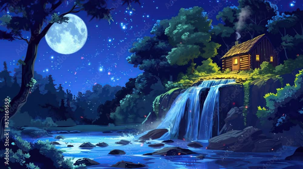 Fantasy night landscape with a house beside a magical waterfall, evoking a mystical atmosphere
Seamless looping 4k time-lapse virtual video animation background. Generated AI Fantasy night landscape with a house beside a magical waterfall, evoking a mystical atmosphere
Seamless looping 4k time-lapse virtual video animation background. Generated AI