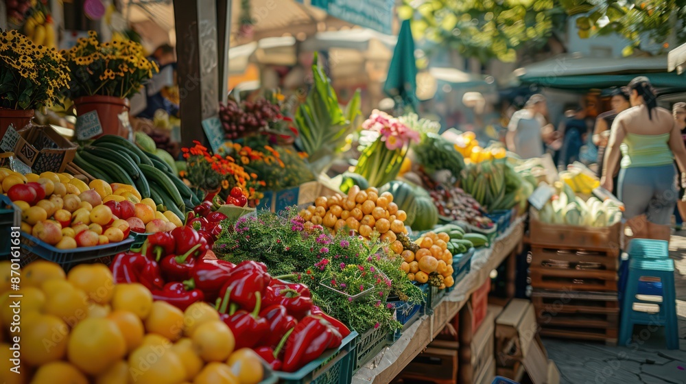 A lively farmers market showcasing fresh produce, flowers and handmade goods. A lively farmers market showcasing fresh produce, flowers and handmade goods.