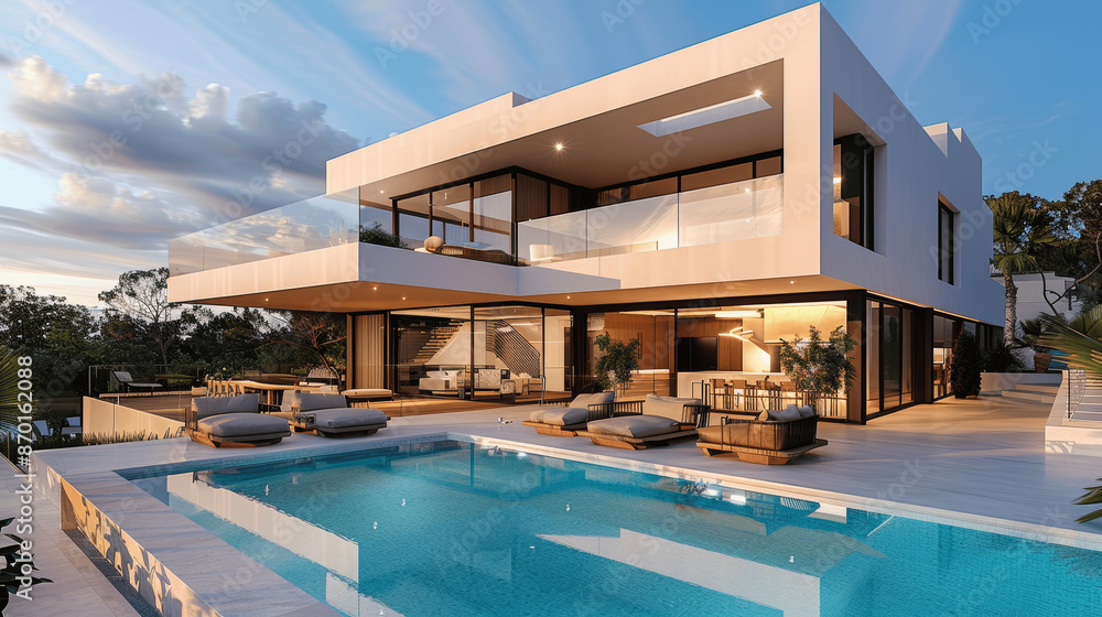 Modern luxury villa with swimming pool and terrace at sunset in Alinality Spain Modern luxury villa with swimming pool and terrace at sunset in Alinality Spain