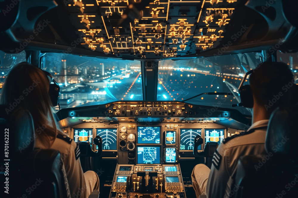 Night Flight Cockpit with Two Pilots Flying to Runway, Close-Up on Instruments, Hyper-Realistic Photography, Cinematic View Night Flight Cockpit with Two Pilots Flying to Runway, Close-Up on Instruments, Hyper-Realistic Photography, Cinematic View